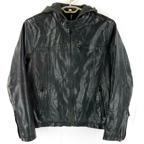 Levis Black Faux Leather Sherpa Lined Sweatshirt Hoodie Trucker Jacket Medium